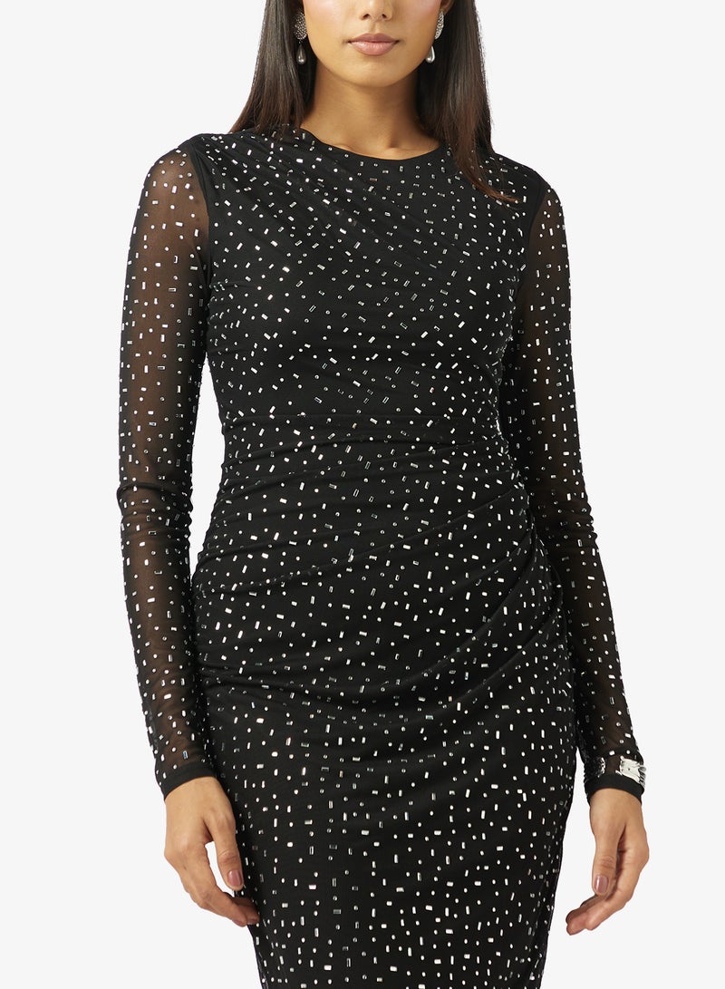 Style Cheat Mesh Detail Long Sleeve Bodycon Midi Dress - Image 3